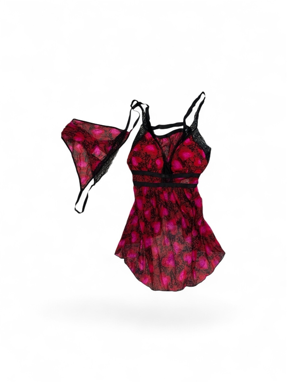Secret Treasures Pink Lace Babydoll Chemise with Black Trim and Matching Thong